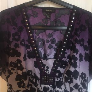 Purple print blouse with jeweled neckline